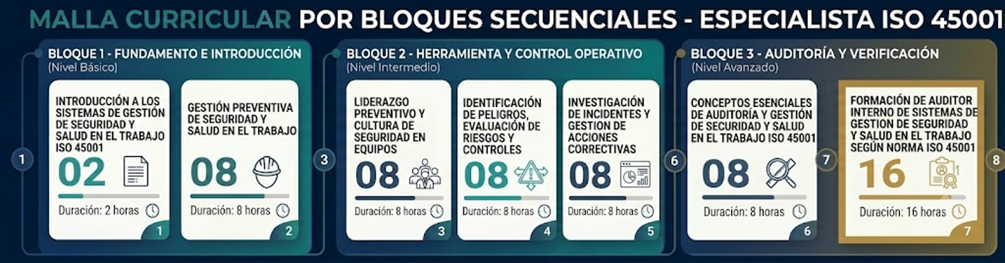 Malla curricular del programa Especialista en Gestión de Seguridad y Salud en el Trabajo ISO 45001